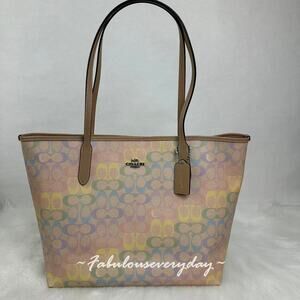 Coach City Tote Bag In Rainbow Signature Canvas Silver/ Sand Multi CDA93 NWT